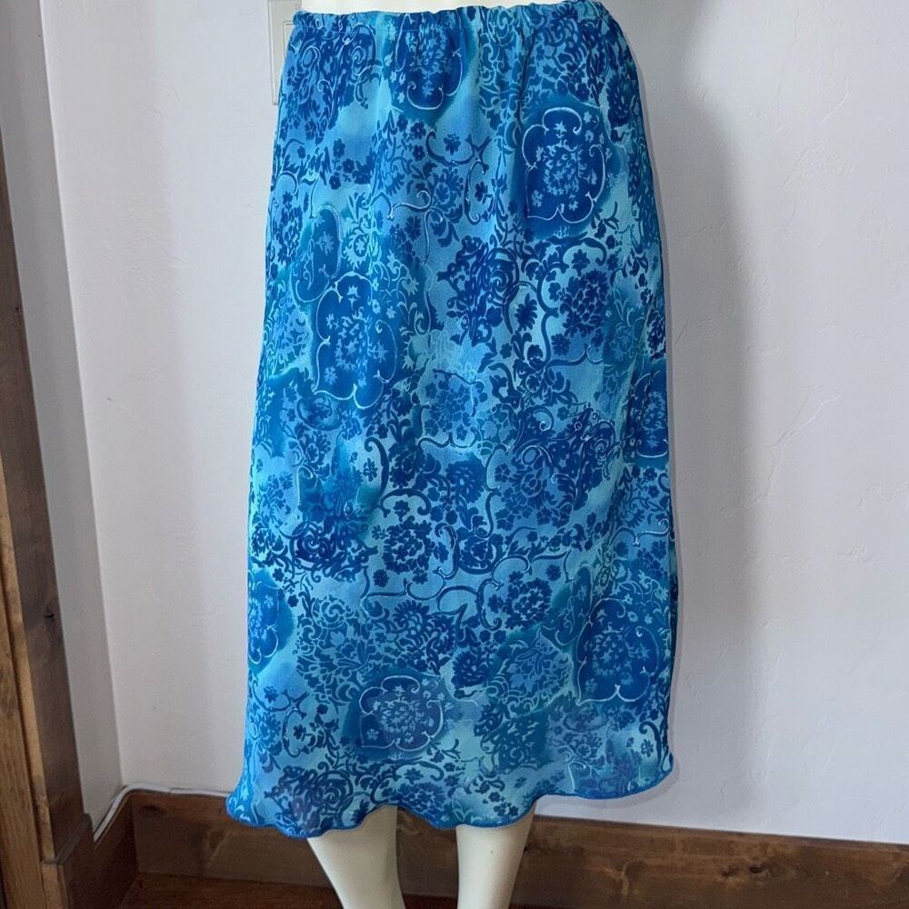 Vintage 90’s Layered Blue Floral‎ Chiffon Long Skirt Size Large